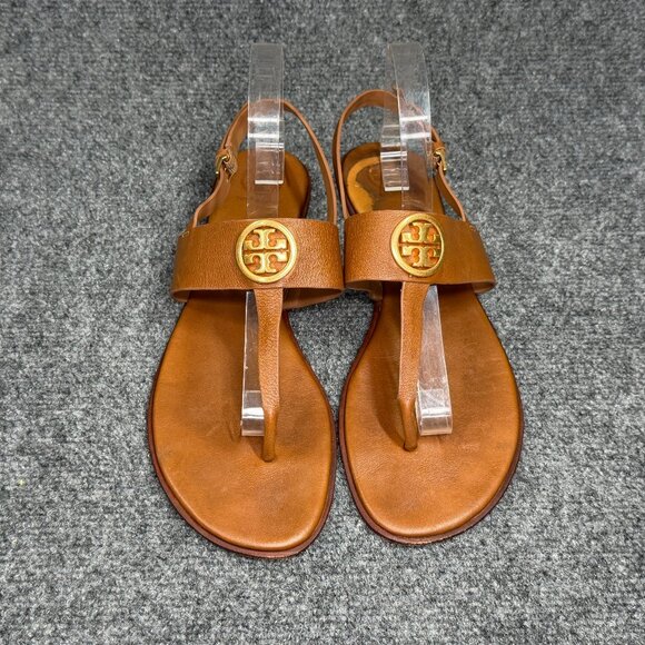 Tory Burch Benton 2 Sandals Womens 11 Brown Leather Thong Ankle Wrap Buckle Flip - Picture 3 of 10
